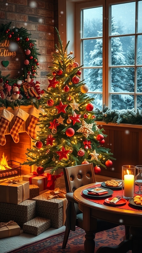 A festive Christmas scene with a decorated tree, gifts, and a cozy fireplace.